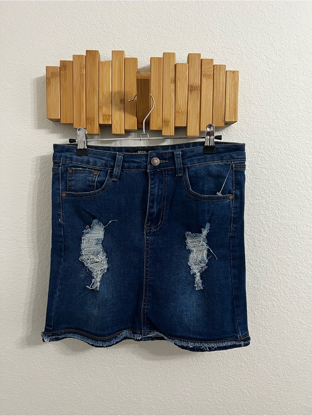 Distressed Dark Blue Denim Mini Skirt - Classic Casual